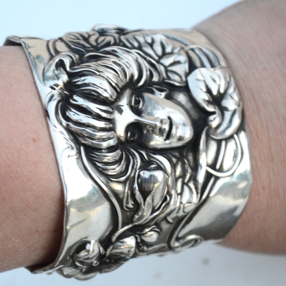Antique Art Nouveau Sterling Silver Cuff 925 Wide Lady Face Gibson Girl Floral - Picture 3 of 8